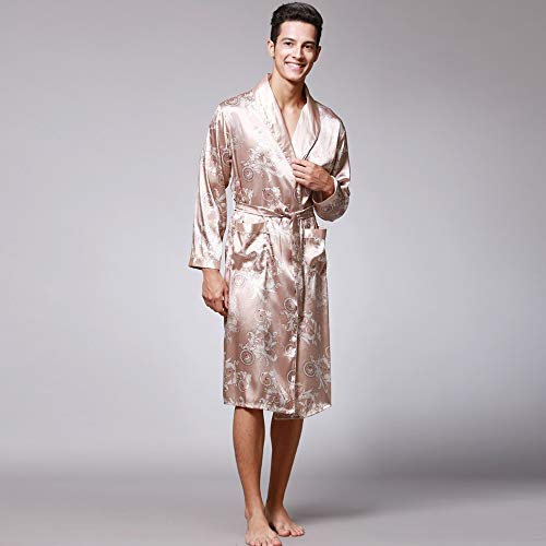 Geilisungren Hombre Pijama Bata de Baño Albornoz Kimono Pijama para Hombre Largo Camisón Robe Bata Ropa de Dormir Satín Bata De Baño Dragón de Impresión Seda de Imitación