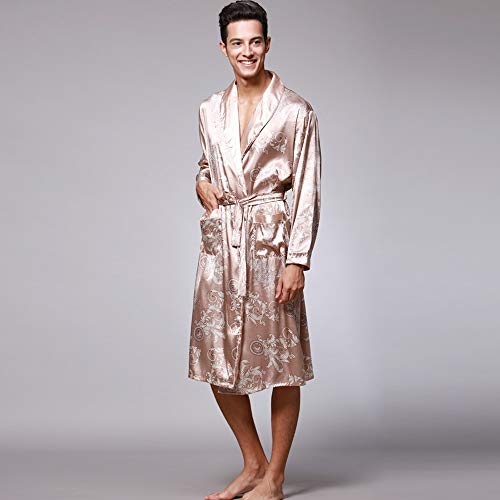 Geilisungren Hombre Pijama Bata de Baño Albornoz Kimono Pijama para Hombre Largo Camisón Robe Bata Ropa de Dormir Satín Bata De Baño Dragón de Impresión Seda de Imitación