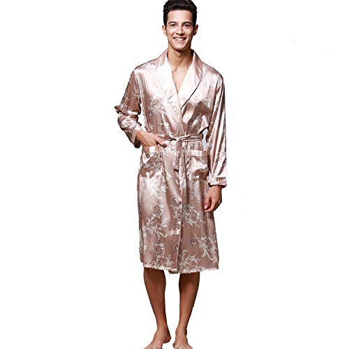 Geilisungren Hombre Pijama Bata de Baño Albornoz Kimono Pijama para Hombre Largo Camisón Robe Bata Ropa de Dormir Satín Bata De Baño Dragón de Impresión Seda de Imitación