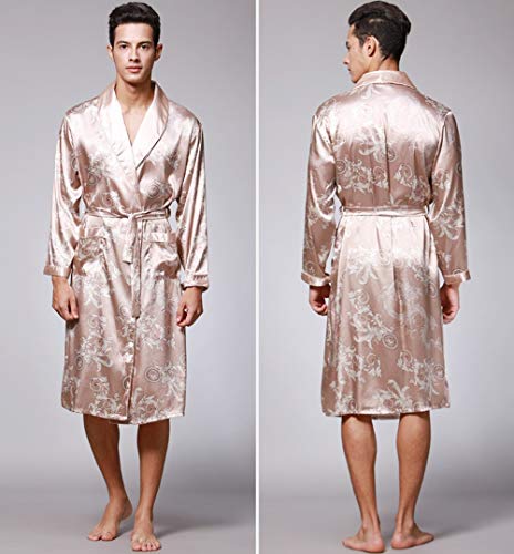 Geilisungren Hombre Pijama Bata de Baño Albornoz Kimono Pijama para Hombre Largo Camisón Robe Bata Ropa de Dormir Satín Bata De Baño Dragón de Impresión Seda de Imitación