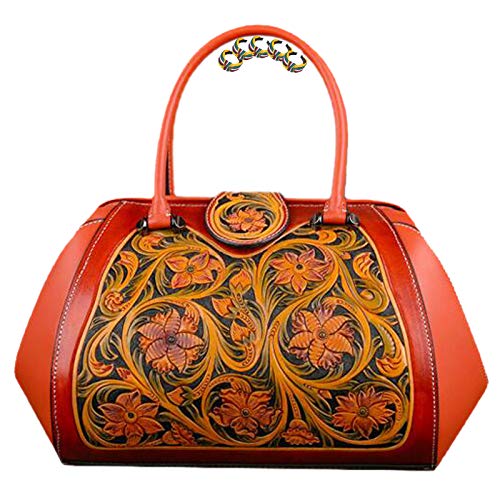 GGLZMMF Bolso De Mano De Cuero Tallado A Mano Bolso De Hombro Vintage Ocio Floral Ocio Bolsa De Bola De Masa Negra Verde Oscuro Rojo + Marrón Red+Brown-OneSize