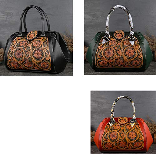 GGLZMMF Bolso De Mano De Cuero Tallado A Mano Bolso De Hombro Vintage Ocio Floral Ocio Bolsa De Bola De Masa Negra Verde Oscuro Rojo + Marrón Red+Brown-OneSize