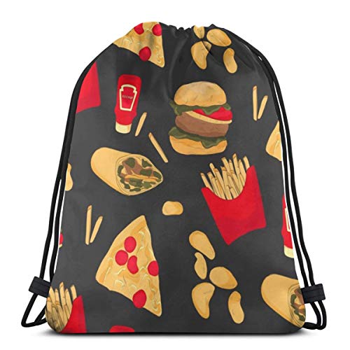 ghjkuyt412 Burger Pizza Chips 3D Print Drawstring Backpack Rucksack Shoulder Bags Sports Gym Bag For Adult 16.9"X14"Inches