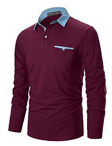 GHYUGR Polo para Hombre Mangas Largas Denim Costura Camisas Algodón Slim Fit Camiseta Golf Poloshirt T-Shirt Oficina Botón Cuello (L, Vino Tinto)