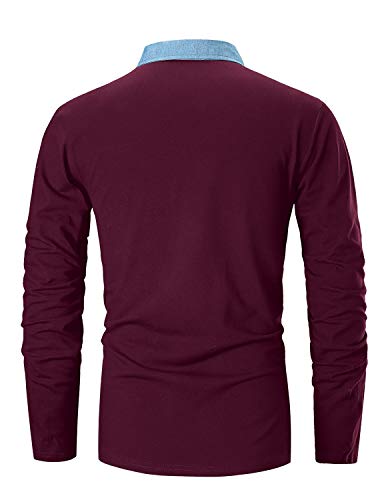 GHYUGR Polo para Hombre Mangas Largas Denim Costura Camisas Algodón Slim Fit Camiseta Golf Poloshirt T-Shirt Oficina Botón Cuello (L, Vino Tinto)