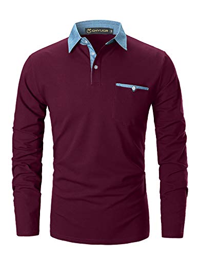 GHYUGR Polo para Hombre Mangas Largas Denim Costura Camisas Algodón Slim Fit Camiseta Golf Poloshirt T-Shirt Oficina Botón Cuello (L, Vino Tinto)