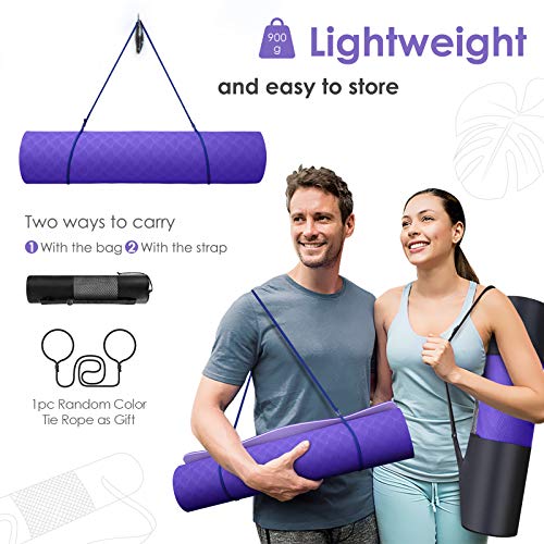 GISALA Esterilla Yoga Antideslizante, Esterilla Deporte Antideslizante TPE de Material Natural con Bolsa y Cuerda, Yoga Mat de 183x61cm, 6mm de Grosor, No tóxico, para Pilates (Violeta-Violeta)