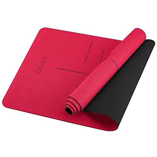 GISALA Esterilla Yoga Antideslizante,Esterilla Deporte Antideslizante TPE de Material Natural con Bolsa y Cuerda, Yoga Mat de 183x61cm, 6mm de Grosor, No tóxico, para Pilates,Fitness (Rojo)