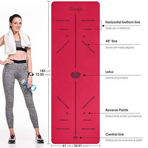 GISALA Esterilla Yoga Antideslizante,Esterilla Deporte Antideslizante TPE de Material Natural con Bolsa y Cuerda, Yoga Mat de 183x61cm, 6mm de Grosor, No tóxico, para Pilates,Fitness (Rojo)