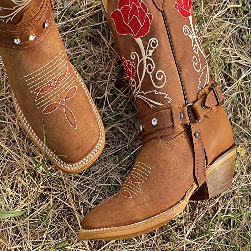 GJHYJK Botas De Caballero Étnicas De Tacón Medio para Mujer Botas De Vaquero Occidental con Punta Cuadrada Bordada para Mujer Botas De Tubo Medio con Hebilla De Cinturón Y Manga con Remaches,Brown-39 GJHYJK Botas De Caballero Étnicas De Tacón Medio para Mujer Botas De Vaquero Occidental con Punta Cuadrada Bordada para Mujer Botas De Tubo Medio con Hebilla De Cinturón Y Manga con Remaches,Brown-39