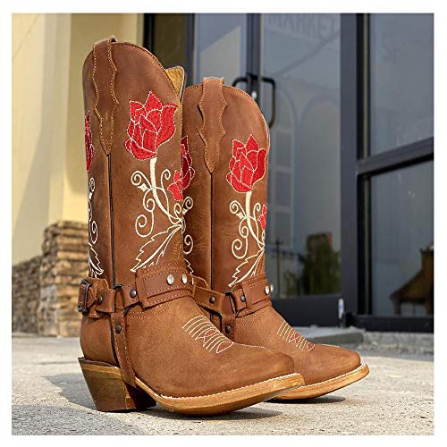 GJHYJK Botas De Caballero Étnicas De Tacón Medio para Mujer Botas De Vaquero Occidental con Punta Cuadrada Bordada para Mujer Botas De Tubo Medio con Hebilla De Cinturón Y Manga con Remaches,Brown-39 GJHYJK Botas De Caballero Étnicas De Tacón Medio para Mujer Botas De Vaquero Occidental con Punta Cuadrada Bordada para Mujer Botas De Tubo Medio con Hebilla De Cinturón Y Manga con Remaches,Brown-39