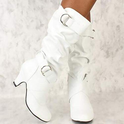 GJHYJK Botas Largas De Tacón Alto para Mujer Hebilla De Cinturón para Mujer Pliegues Botas Holgadas Punta Redonda Manga Estilo Chelsea Botas Casuales De Moda Otoño,White-36