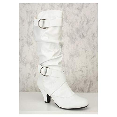 GJHYJK Botas Largas De Tacón Alto para Mujer Hebilla De Cinturón para Mujer Pliegues Botas Holgadas Punta Redonda Manga Estilo Chelsea Botas Casuales De Moda Otoño,White-36