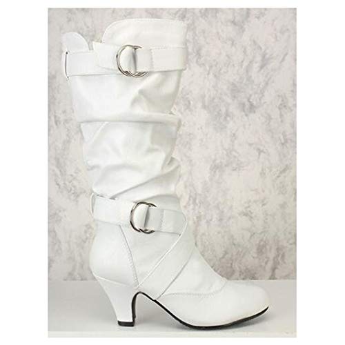 GJHYJK Botas Largas De Tacón Alto para Mujer Hebilla De Cinturón para Mujer Pliegues Botas Holgadas Punta Redonda Manga Estilo Chelsea Botas Casuales De Moda Otoño,White-36