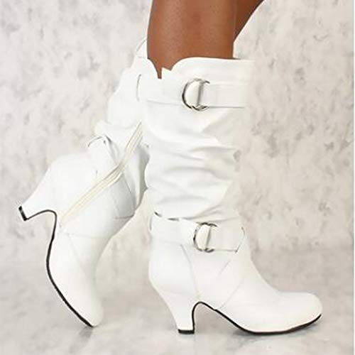 GJHYJK Botas Largas De Tacón Alto para Mujer Hebilla De Cinturón para Mujer Pliegues Botas Holgadas Punta Redonda Manga Estilo Chelsea Botas Casuales De Moda Otoño,White-36