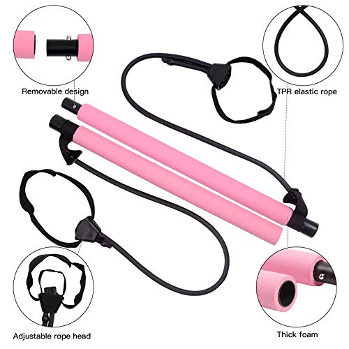 GLKEBY Kit de Barra de Pilates con Banda de Resistencia Ajustable Barra de Pilates portátil para Estiramiento, Yoga, Modelado, Ejercicio, Abdominales, Perder Peso (Pink)