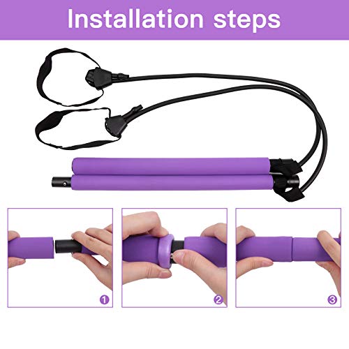 GLKEBY Kit de Barra de Pilates con Banda de Resistencia Ajustable Barra de Pilates portátil para Estiramiento, Yoga, Modelado, Ejercicio, Abdominales, Perder Peso (Purple)