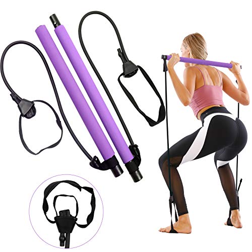 GLKEBY Kit de Barra de Pilates con Banda de Resistencia Ajustable Barra de Pilates portátil para Estiramiento, Yoga, Modelado, Ejercicio, Abdominales, Perder Peso (Purple)