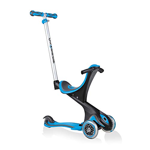 Globber 458-101 Patinete EVO Comfort, Niños Unisex, Blue, Modo de Uso 1 y 2: 97cm x 62cm x 28cm Peso: 3,89Kg Modo de Uso 3: 48,5cm x 58 x 24,5cm Peso: 3,41Kg Modo de Uso 4 y 5: 82,5cm x 56cm x 28cm