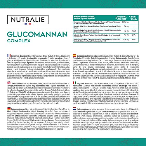 Glucomanano | Ayuda a Adelgazar e Inhibidor del Apetito 100% Natural con Bitartrato de Colina, Picolinato de Cromo y Vitaminas B3 y D3 | 120 Cápsulas Vegetales | NUTRALIE Glucomanano | Ayuda a Adelgazar e Inhibidor del Apetito 100% Natural con Bitartrato de Colina, Picolinato de Cromo y Vitaminas B3 y D3 | 120 Cápsulas Vegetales | NUTRALIE