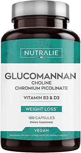Glucomanano | Ayuda a Adelgazar e Inhibidor del Apetito 100% Natural con Bitartrato de Colina, Picolinato de Cromo y Vitaminas B3 y D3 | 120 Cápsulas Vegetales | NUTRALIE Glucomanano | Ayuda a Adelgazar e Inhibidor del Apetito 100% Natural con Bitartrato de Colina, Picolinato de Cromo y Vitaminas B3 y D3 | 120 Cápsulas Vegetales | NUTRALIE