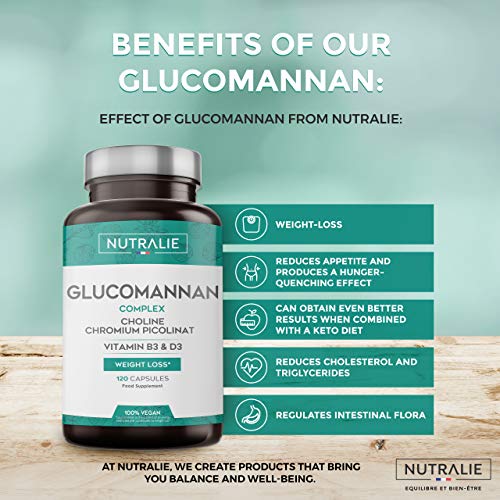 Glucomanano | Ayuda a Adelgazar e Inhibidor del Apetito 100% Natural con Bitartrato de Colina, Picolinato de Cromo y Vitaminas B3 y D3 | 120 Cápsulas Vegetales | NUTRALIE Glucomanano | Ayuda a Adelgazar e Inhibidor del Apetito 100% Natural con Bitartrato de Colina, Picolinato de Cromo y Vitaminas B3 y D3 | 120 Cápsulas Vegetales | NUTRALIE
