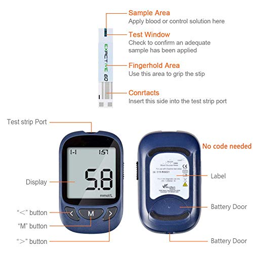 Glucosa en sangre kit de Exactive Vital control de la diabetes kit codefree tiras de prueba de glucosa en sangre x 50 y dispositivo de punción para diabéticos en mg/dL