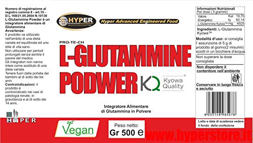 Glutamina en polvo Kyowa | 500 gr | L-Glutamine – Suplemento Dietético a base de pura L-Glutamine Kyowa Quality | favorise la crecimiento muscular | favorise la recuperación muscular | Hyper