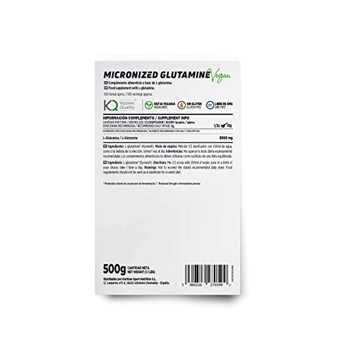 Glutamina Micronizada de HSN | Kyowa como Materia Prima | 100% Pura | Suplemento para favorecer el Crecimiento y Recuperación Muscular | Vegano, Sin Gluten, Sin Lactosa, Sin Sabor, 500 gr