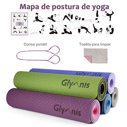 Glymnis Esterilla Yoga Antideslizante Colchoneta Yoga Mat Esterilla Deporte de Material Ecológico TPE Esterilla Pilates con Correa 183mm x 61mm x 6mm Rosa