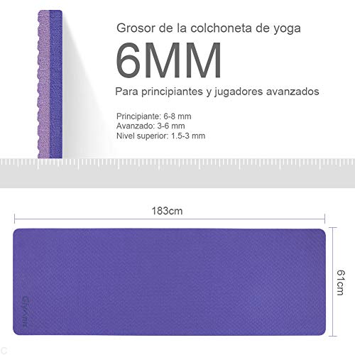 Glymnis Esterilla Yoga Antideslizante Colchoneta Yoga Mat Esterilla Deporte de Material Ecológico TPE Esterilla Pilates con Correa 183mm x 61mm x 6mm Violeta