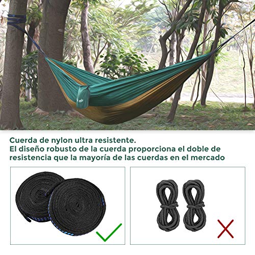 Glymnis Hamaca Ultraligera para Camping y Viaje de Nylon 300kg de Capacidad de Carga Ranspirable y Secado Rápido 275x140cm Kit de Hamaca de Tela 210T Verde y Marrón Glymnis Hamaca Ultraligera para Camping y Viaje de Nylon 300kg de Capacidad de Carga Ranspirable y Secado Rápido 275x140cm Kit de Hamaca de Tela 210T Verde y Marrón