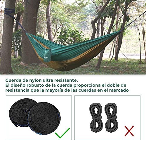 Glymnis Hamaca Ultraligera para Camping y Viaje de Nylon 300kg de Capacidad de Carga Ranspirable y Secado Rápido 275x140cm Kit de Hamaca de Tela 210T Verde y Marrón