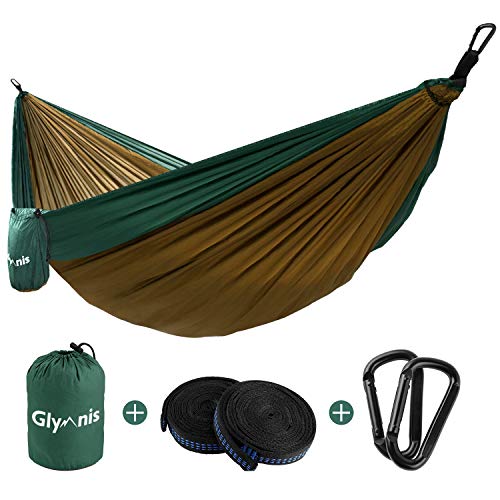 Glymnis Hamaca Ultraligera para Camping y Viaje de Nylon 300kg de Capacidad de Carga Ranspirable y Secado Rápido 275x140cm Kit de Hamaca de Tela 210T Verde y Marrón