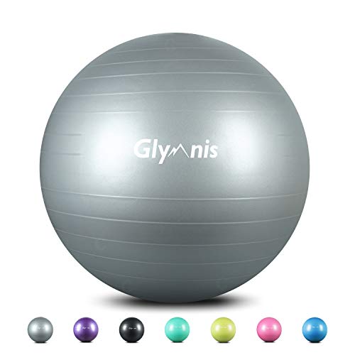 Glymnis Pelota de Ejercicio Pelota Anti-Burst para Pilates Gimnasia Fitness Equilibrio Yoga Embarazo 55cm 65cm 75cm con Hinchador Plateado (65cm)