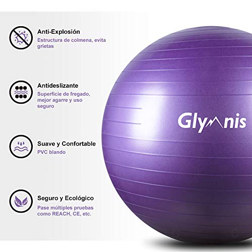 Glymnis Pelota de Ejercicio Pelota Anti-Burst para Pilates Gimnasia Fitness Equilibrio Yoga Embarazo 55cm 65cm 75cm con Hinchador Púrpura (65cm)