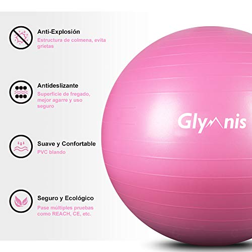 Glymnis Pelota de Ejercicio Pelota Anti-Burst para Pilates Gimnasia Fitness Equilibrio Yoga Embarazo 55cm 65cm 75cm con Hinchador Rosa (55cm)