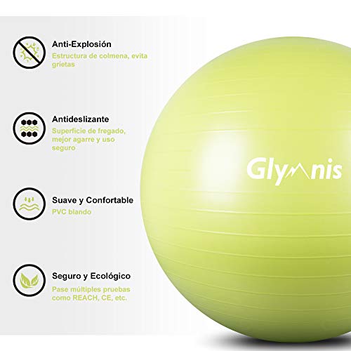 Glymnis Pelota de Ejercicio Pelota Anti-Burst para Pilates Gimnasia Fitness Equilibrio Yoga Embarazo 55cm 65cm 75cm con Hinchador Verde Lima (65cm)