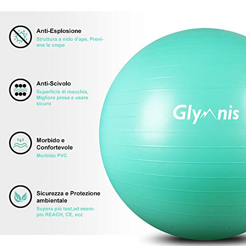 Glymnis Pelota de gimnasia - Antiestallido [Carga máxima de 450 kg] con bomba rápida, perfecta para pilates, entrenamiento, yoga y fitness [Verde menta - 55cm]