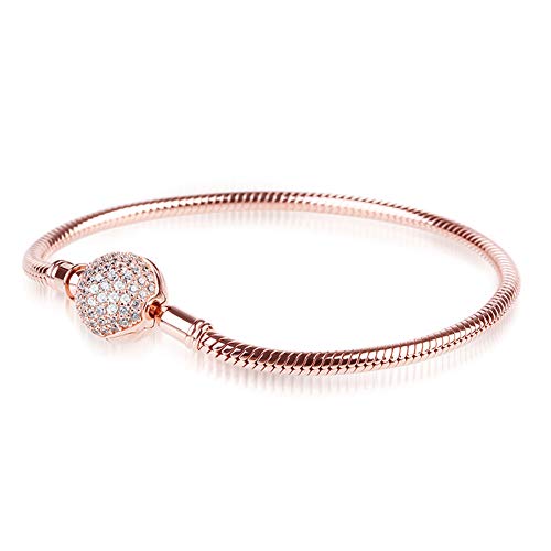 GNOCE "Endearing Gifts for Her Crystal Round Shape Clasp Bracelet 18K Rose Gold Plated Sterling Silver Bangle Fit All Charms Bead Simple Basic Dainty Bracelet Birthday Gifts