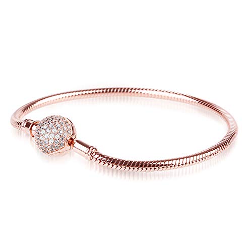 GNOCE "Endearing Gifts for Her Crystal Round Shape Clasp Bracelet 18K Rose Gold Plated Sterling Silver Bangle Fit All Charms Bead Simple Basic Dainty Bracelet Birthday Gifts