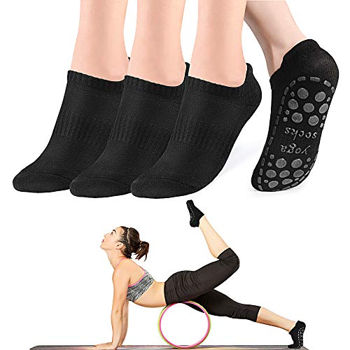 GOAMZ Yoga 3 Pcs Pilates Calcetines Antideslizantes Mujer pour Yoga, Pilates, Ballet,Fitness Antideslizantes(36-41) (Negro)