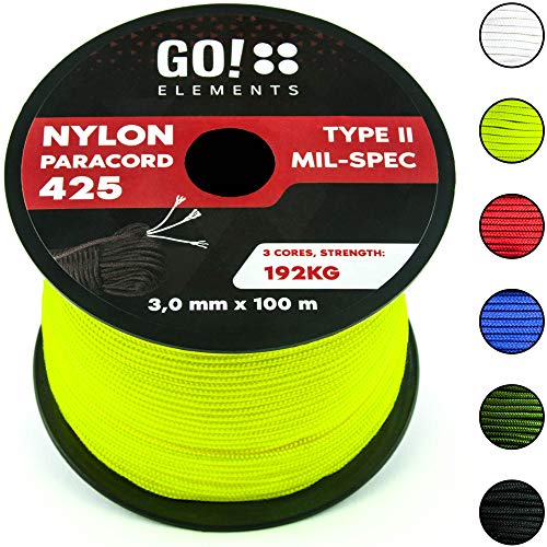 GO!elements 100m Cuerda Paracord de Nylon Resistente al desgarro - 3mm Paracord 425 Tipo II líneas como Cuerda para Exteriores, Cuerda para Todo Uso - línea de Nylon MAX. 192kg, Color:Neon