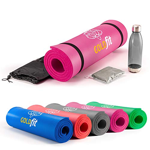 GOLDFIT Set de Esterilla Yoga Mat Antideslizante. Colchoneta de Deporte, Fitness y Pilates con Botella, Toalla Microfibra, Correa y Funda Porta Alfombra. Estera de Ejercicios Gruesa 10mm, 180x60cm.