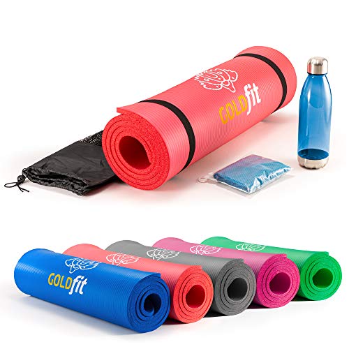 GOLDFIT Set de Esterilla Yoga Mat Antideslizante. Colchoneta de Deporte, Fitness y Pilates con Botella, Toalla Microfibra, Correa y Funda Porta Alfombra. Estera de Ejercicios Gruesa 10mm, 180x60cm.