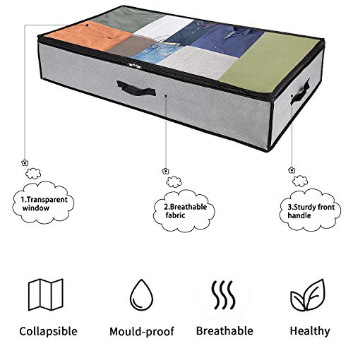 GoMaihe Bolsa de Almacenamiento 3 Pcs, Cajas Almacenaje Ropa 100x50x15cm Debajo de la Cama no Tejido de Gran Capacidad, Organizador de Transpirable con Cremallera Robusta, Edredón, Manta, Gris