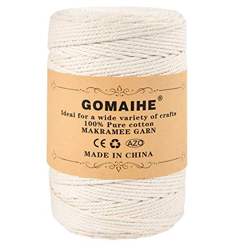 GoMaihe Macrame Cuerda, 3mm x 260m Cordón Hilo de Algodón Natural Colgante de Pared de Macramé, Bricolaje Artesanía Colgante de Pared Colgador de Planta Tejido Cordón Tejer Decoración Envolver, Beige