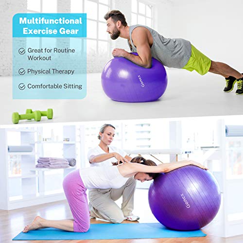 Gonex Balón de Ejercicio Pelota de Equilibrio para Yoga Fitness Pilates Deportes Gimnasio (55-75cm), Bola Antideslizante Soporta 2200lbs, Bomba y Guía Incluida Mejorar Postura, Ø 65cm Morado