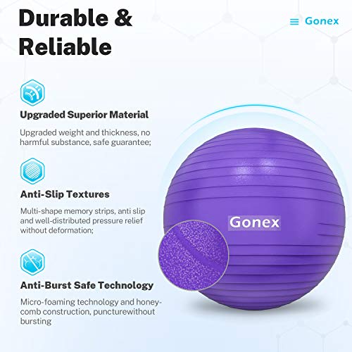 Gonex Balón de Ejercicio Pelota de Equilibrio para Yoga Fitness Pilates Deportes Gimnasio (55-75cm), Bola Antideslizante Soporta 2200lbs, Bomba y Guía Incluida Mejorar Postura, Ø 65cm Morado