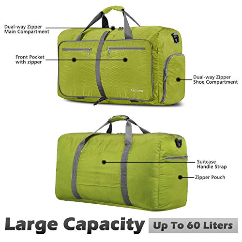 Gonex Bolsa de Viaje 60L, Plegable Ligero Bolso Equipaje Maleta Grande Bolsas Deportes Gimnasio Maletas de Mano Impermeable Duffel Travel Bag para Hombres y Mujeres Fin de Semana (Verde Claro)